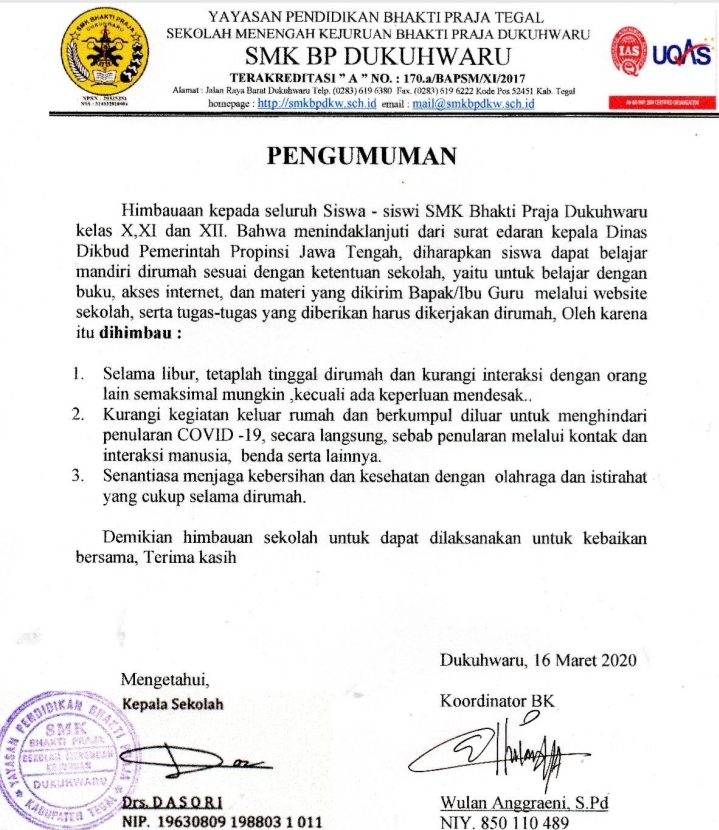 Himbauan dari SMK Bhakti Praja Dukuhwaru Himbauan dari SMK Bhakti Praja Dukuhwaru
